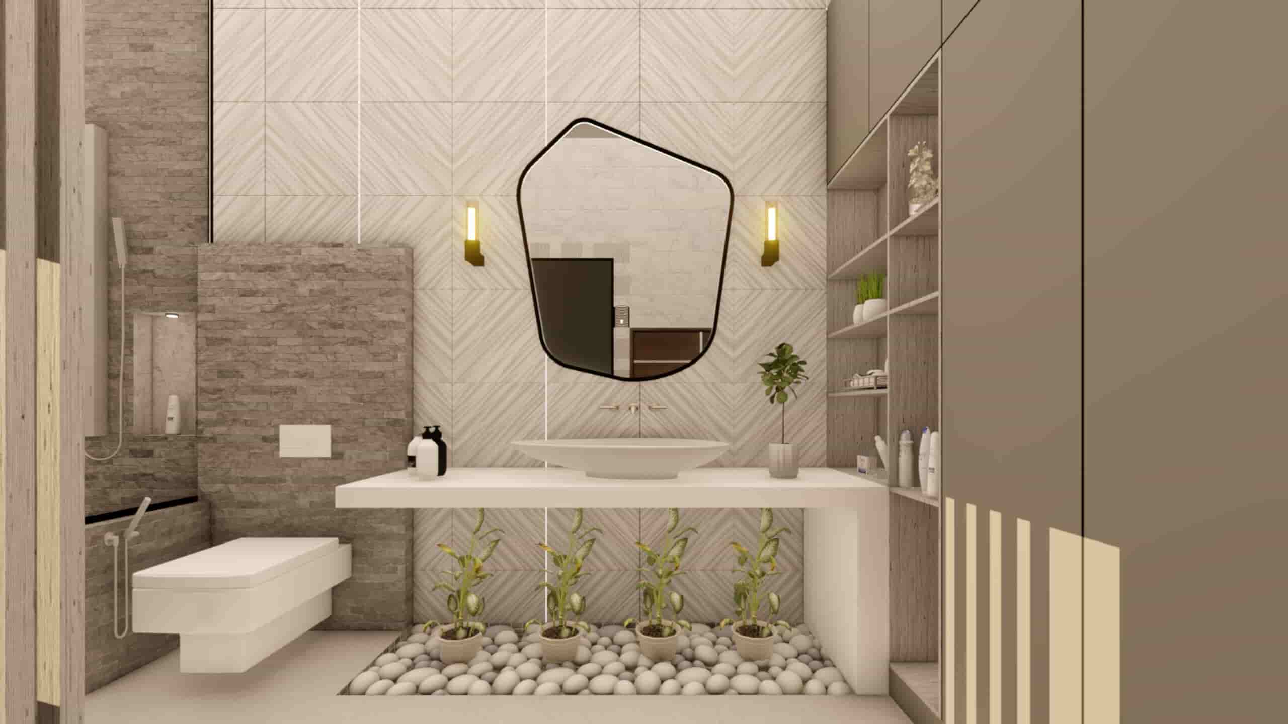 Luxury residential bathroom interior featuring minimalist design, custom vanity, premium wall finishes, ambient lighting, and space-saving solutions by Spaces & Places in Lahore.