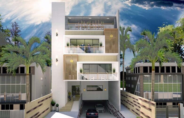 Modern commercial building designed by Spaces & Places in Lahore, featuring contemporary architecture, smart space planning, sustainable materials, and premium commercial building design.