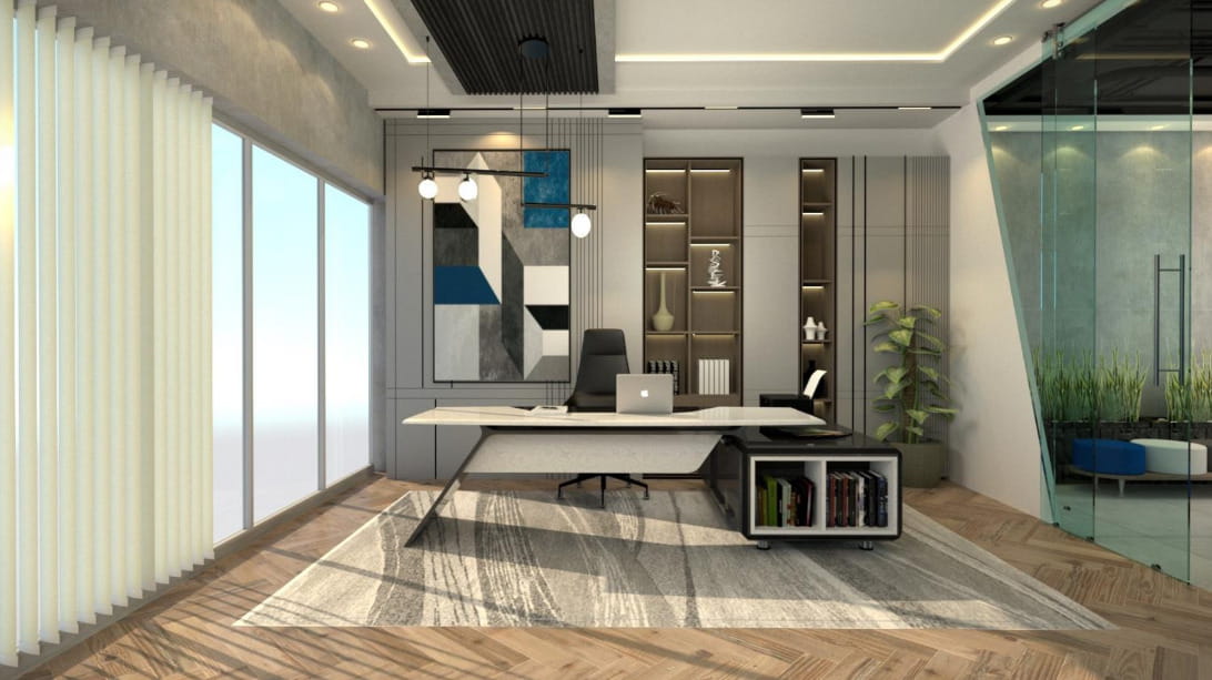 Executive office interior with modern workspace planning, custom furniture, natural lighting, premium finishes, and functional office design by Spaces & Places in Lahore.