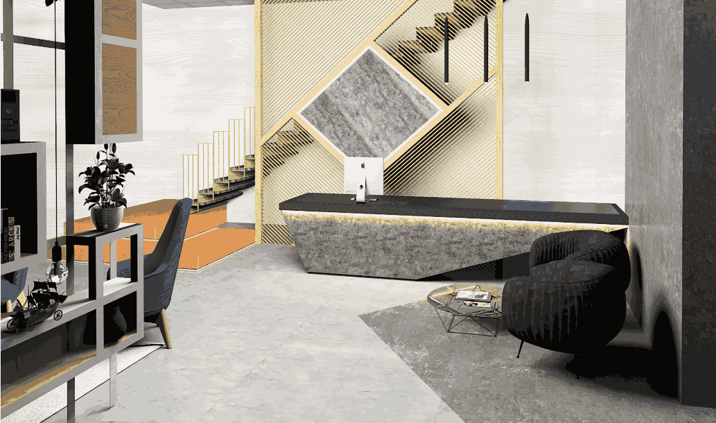 Modern office interior design for Sarfraz Ahmad Properties in Lahore by Spaces & Places, featuring a luxury reception area, customized workspace, premium furniture, and contemporary office interiors.
