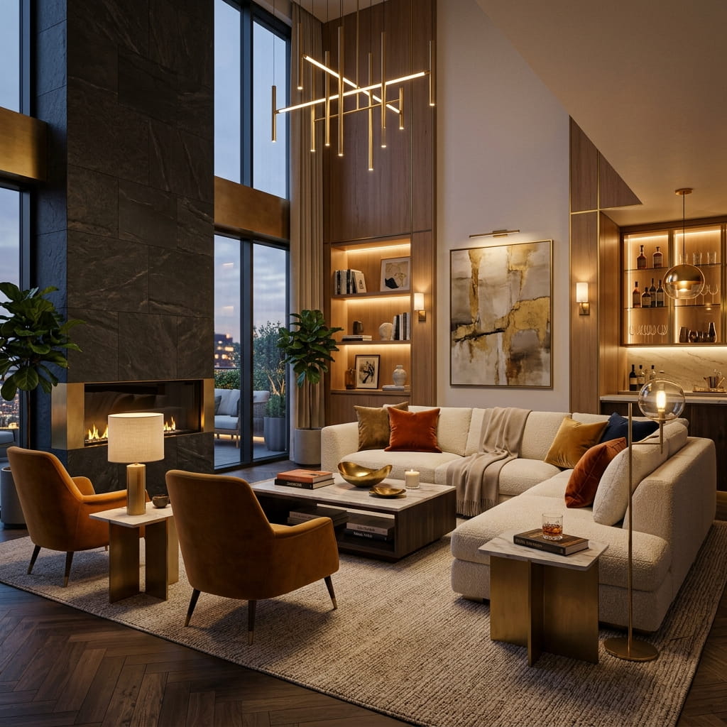 Residential interior design project in Lahore featuring a luxury living room with modern furniture, custom lighting, and elegant décor.