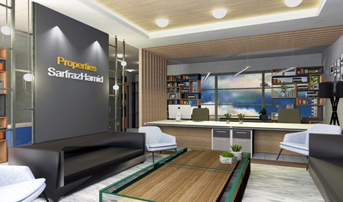 Modern office interior design for Sarfraz Ahmad Properties in Lahore by Spaces & Places, featuring a luxury reception area